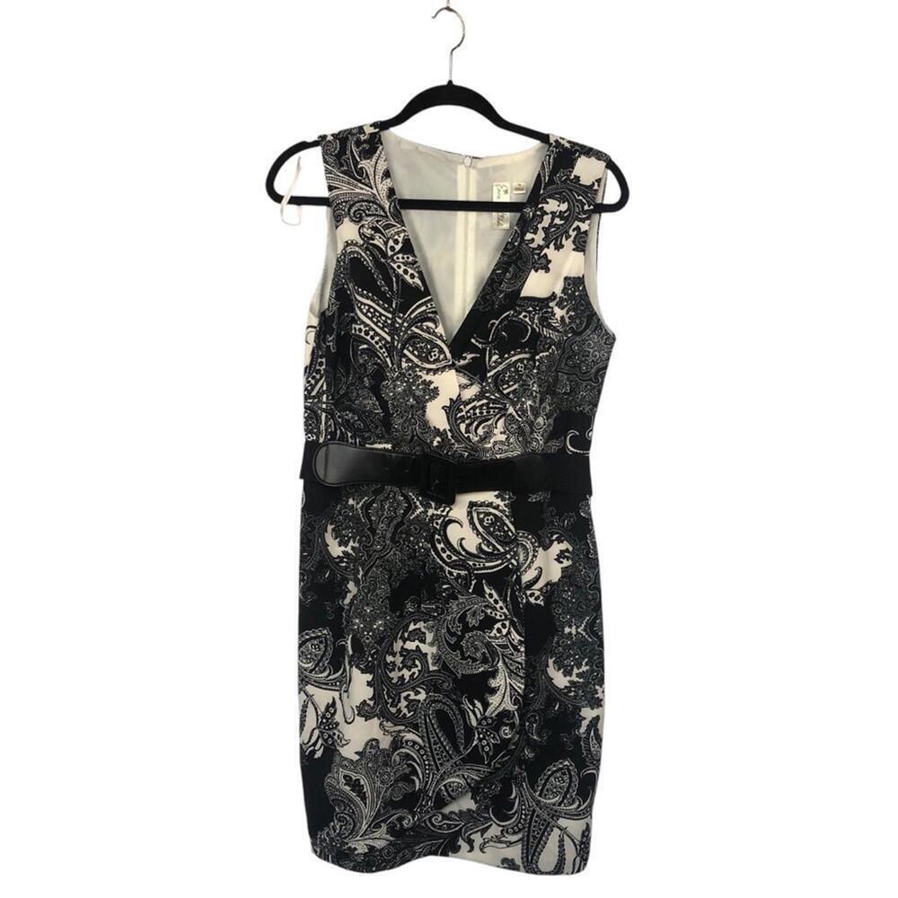 Emma & Michele V Neck Dress Belted Faux Wrap Lined Bodice Sleeveless